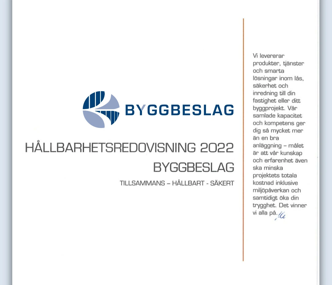 Omslagsbild Byggbeslags h&aring;llbarhetsredovisning 2022