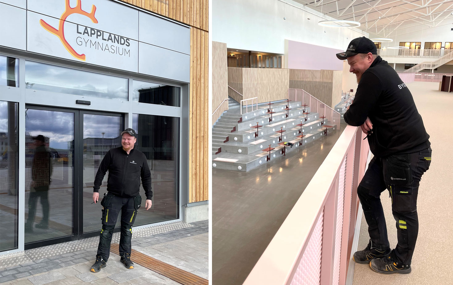 Lapplandsgymnasium entréparti och Byggbeslagstekniker ser ut över lokalerna inomhus från övervåningen.