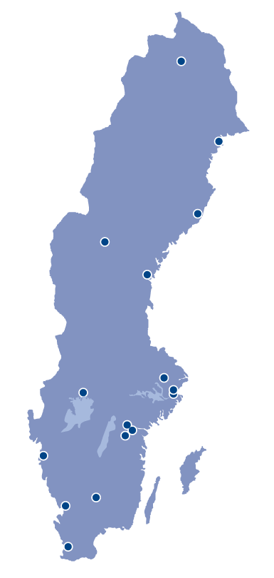 sverigekarta med Byggbeslags samtliga försäljningskontor markerade