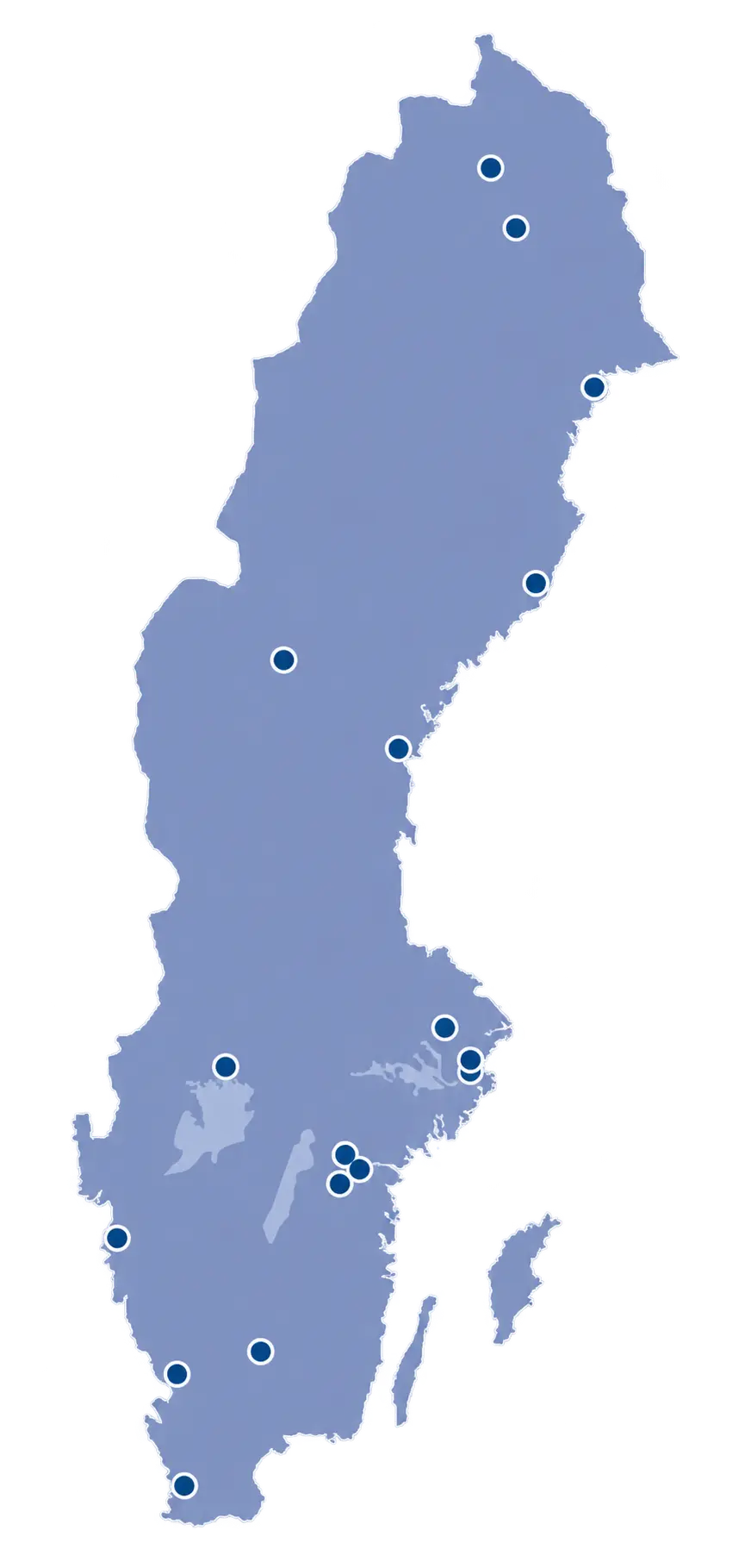 sverigekarta med Byggbeslags samtliga f&ouml;rs&auml;ljningskontor markerade