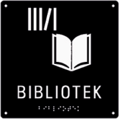 SKYLT TAKTIL 150X150 HÅL BIBLIOTEK SVART/VIT