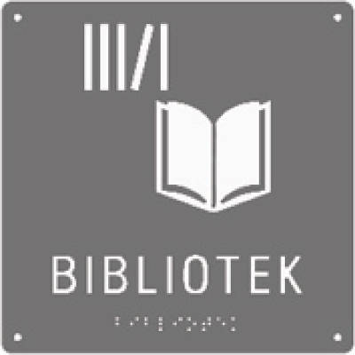 SKYLT TAKTIL 150X150 HÅL BIBLIOTEK GRÅ/VIT