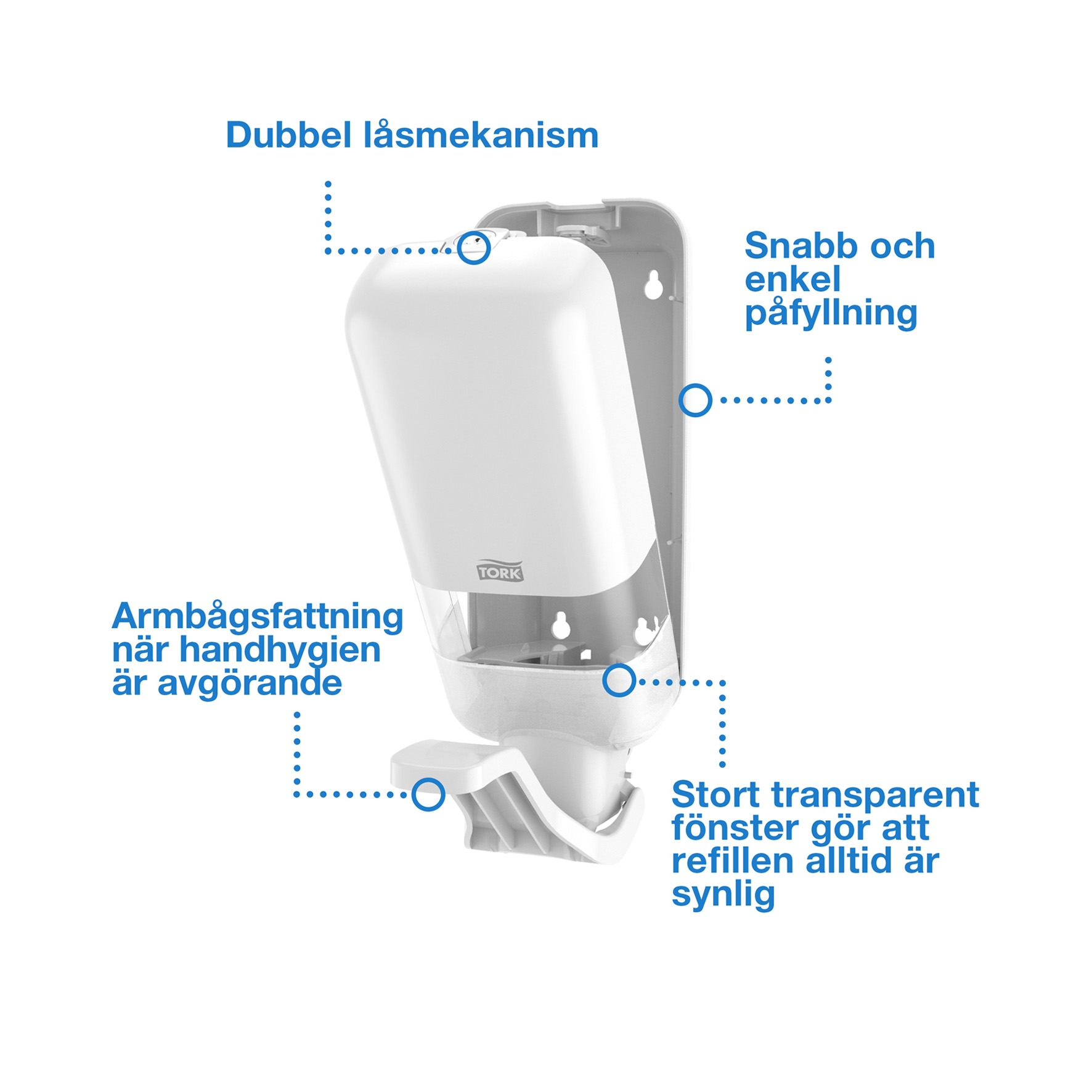 TVÅLDISPENSER TORK 564100 S4 MED ARMBÅGSFATTNING PLAST VIT