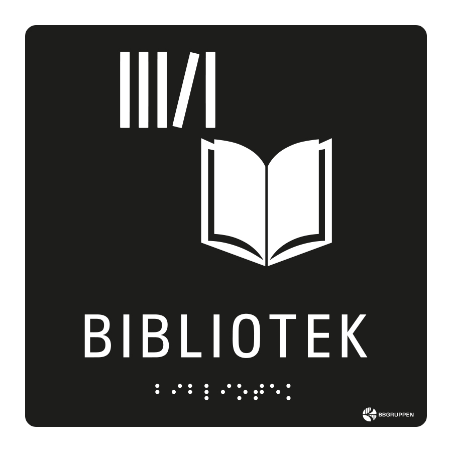 SKYLT TAKTIL BIBLIOTEK 150X150 MM HÅL SVART/VIT TEXT