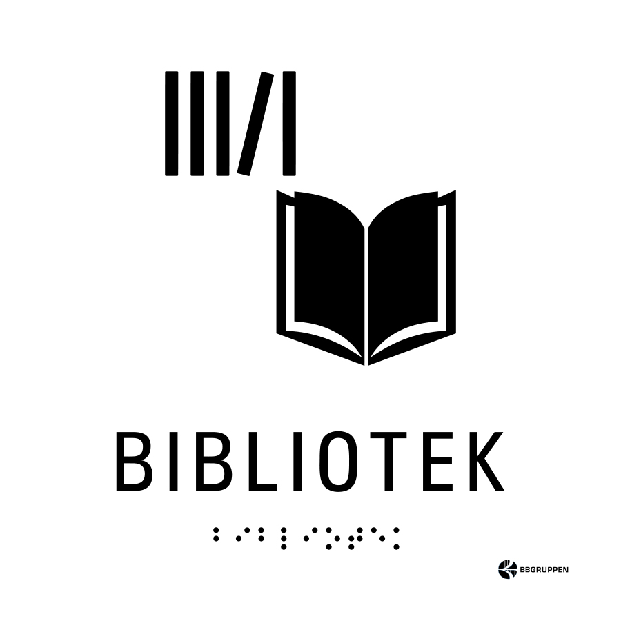 SKYLT TAKTIL 150X150 TEJP BIBLIOTEK VIT/SVART