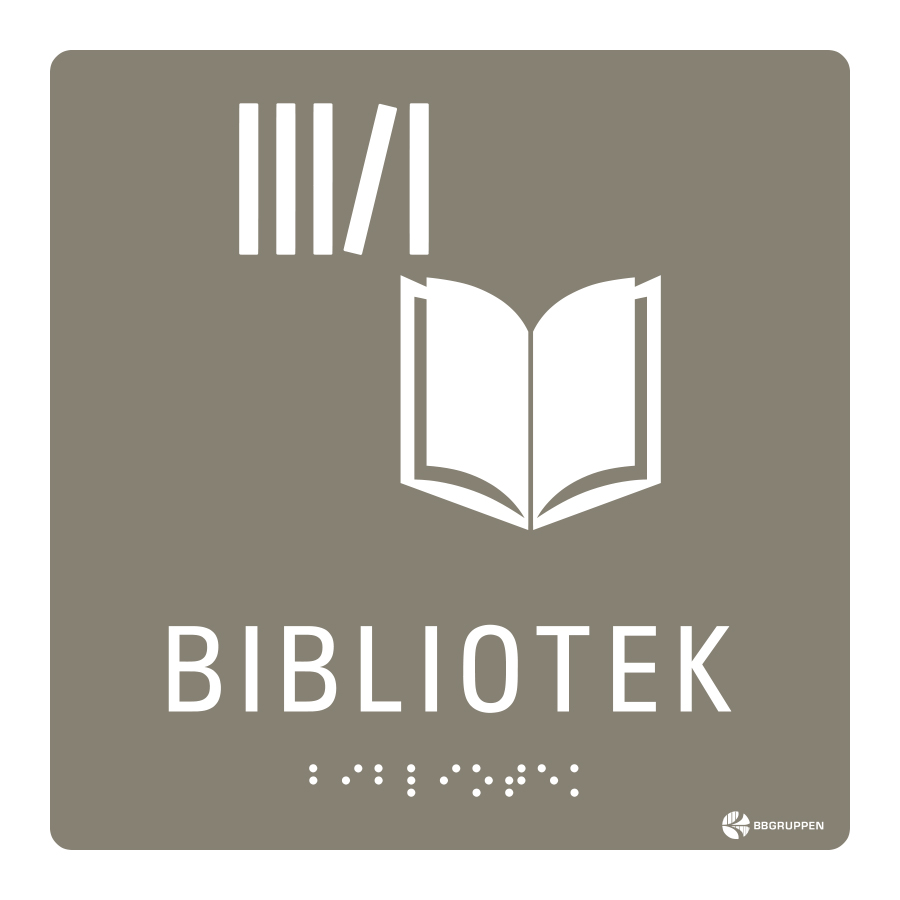 SKYLT TAKTIL BIBLIOTEK 150X150 TEJP GRÅ MED VIT TEXT